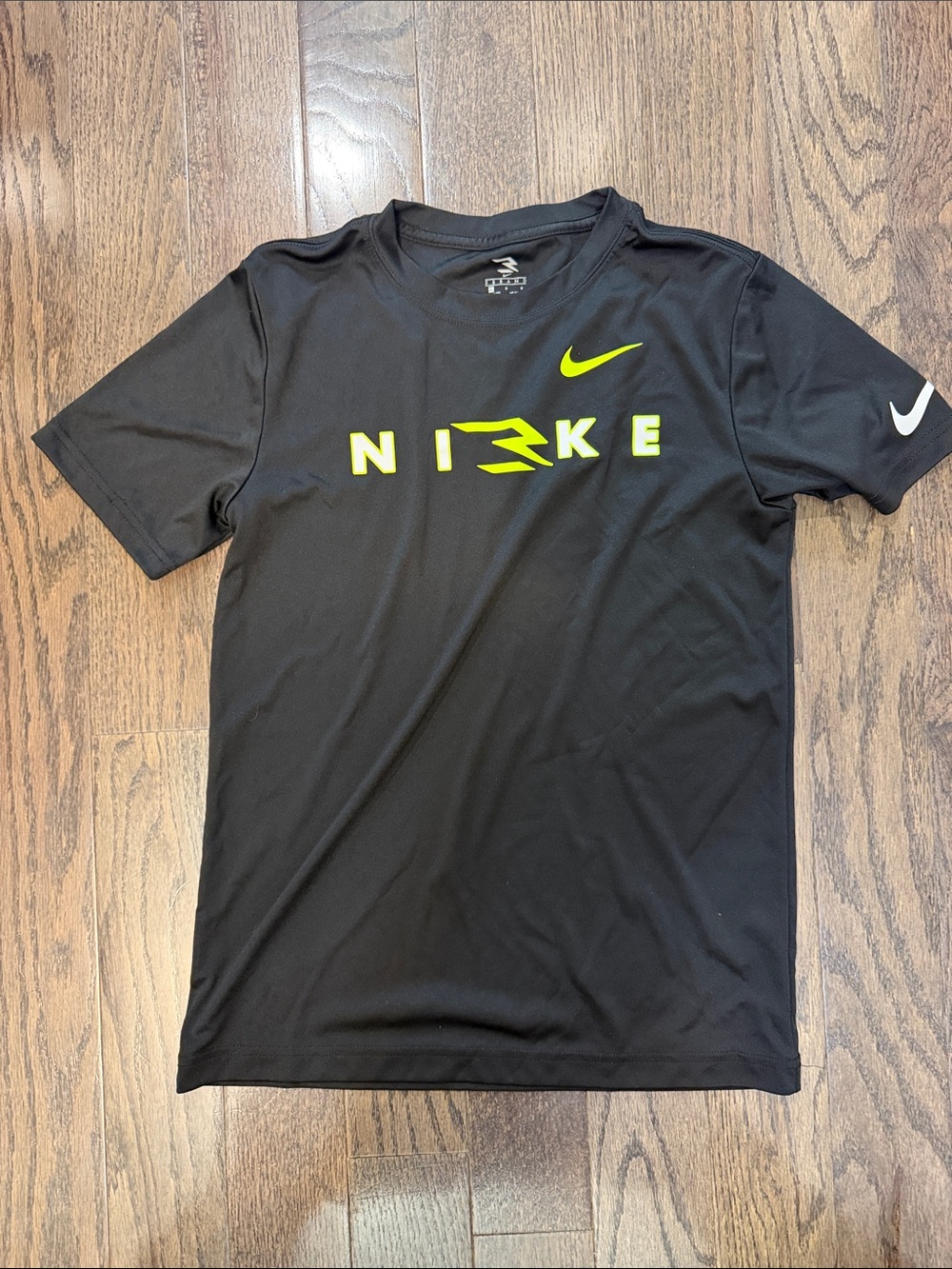 Nike Youth Large Black Short-Sleeve Logo Tee with Neon Yellow Accents